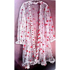 Chamber of Pastel Bridal Sexy White Sheer Lingerie Robe 3D Red Flower - One Size